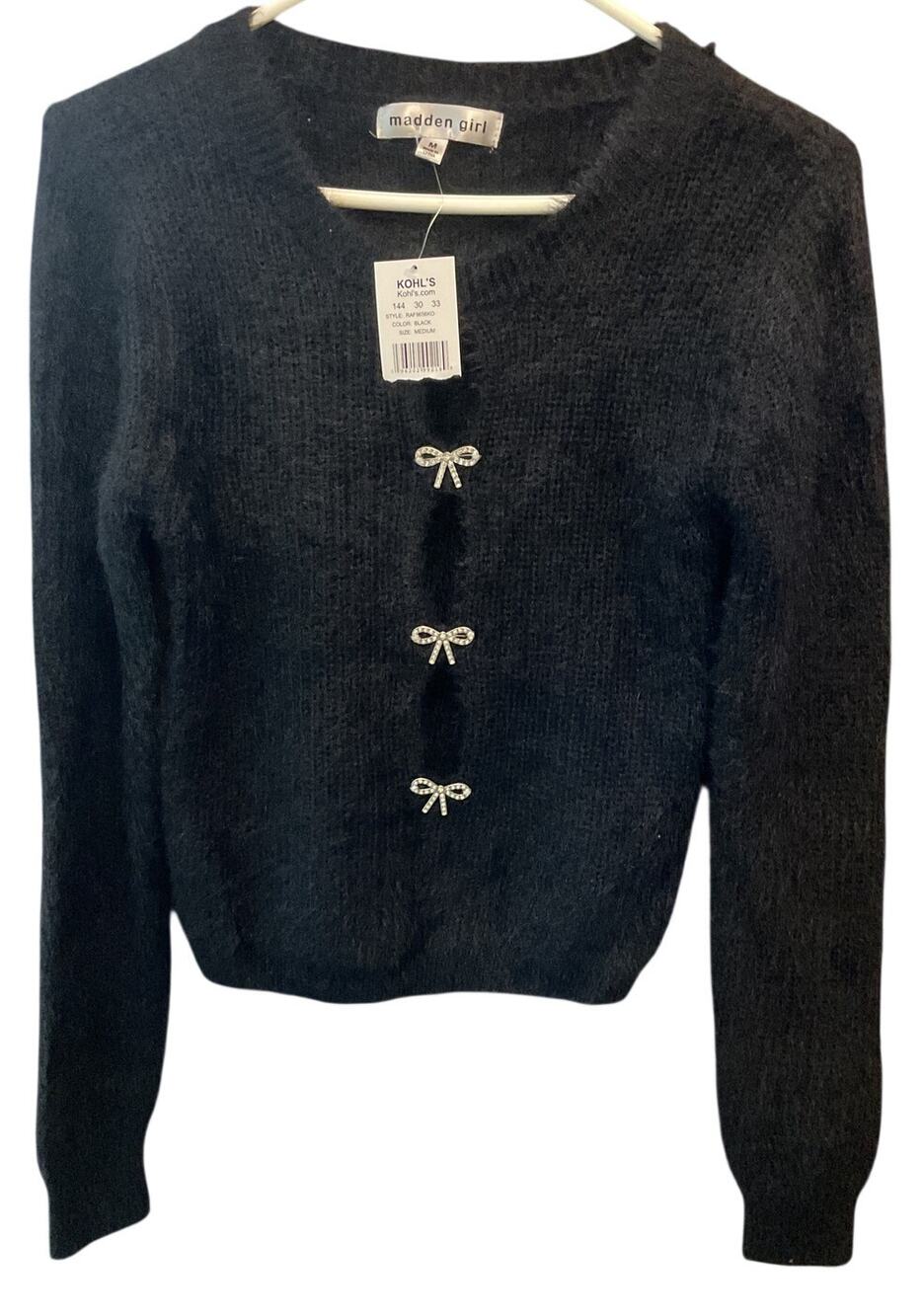 NWT Madden Girl Black Soft Pullover Sweater Rhinestone Bow Charms Women’s Med